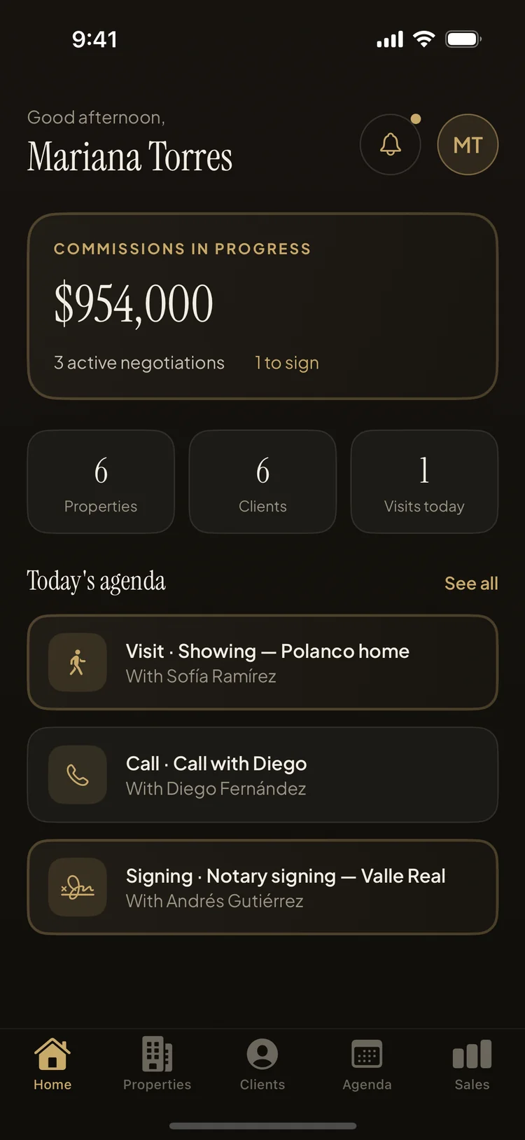 Property Agenda home screen showing commissions in progress, portfolio stats and today's agenda