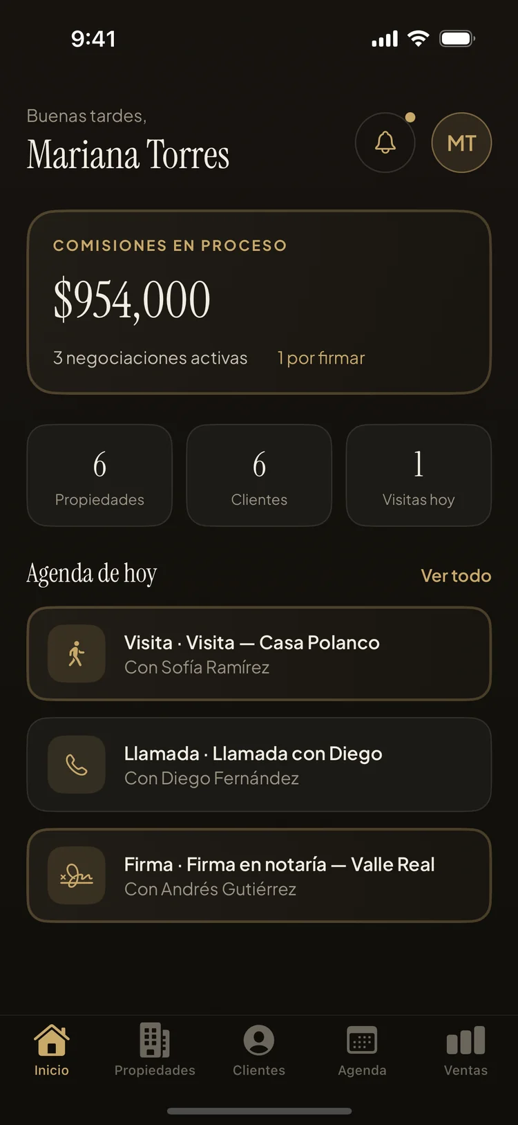 Pantalla de inicio de Property Agenda con comisiones en proceso, estadísticas de cartera y la agenda de hoy