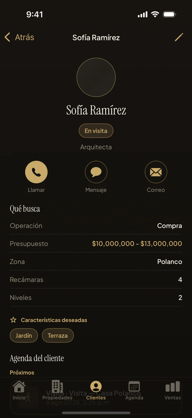Perfil de cliente con acciones de contacto y qué busca
