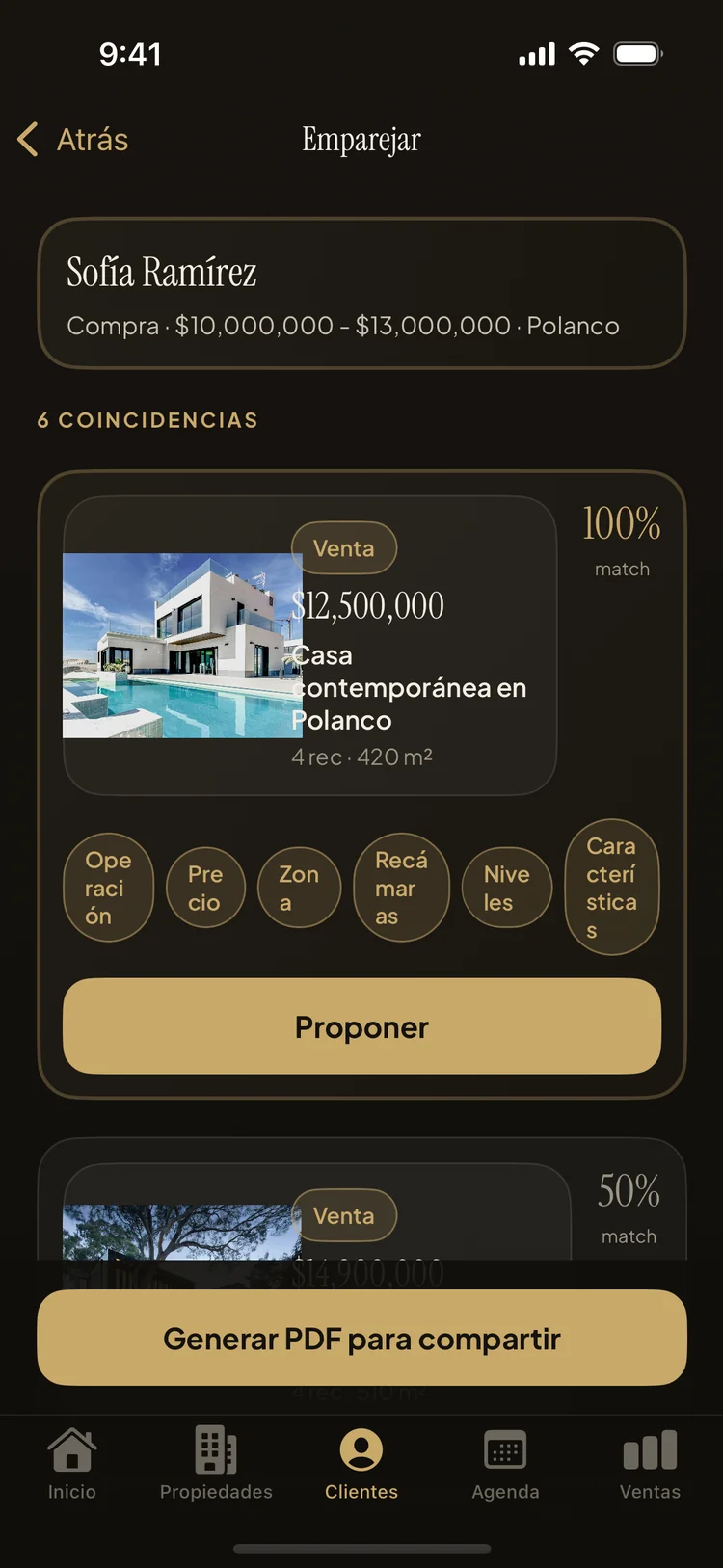 Pantalla de cruce de clientes con propiedades ordenadas por porcentaje de coincidencia